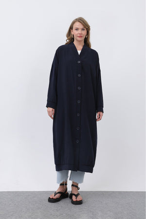 Kadın Önü Düğme Detaylı Uzun Tunik -10681TUN - NAVY