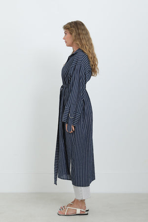 Kadın Kuşaklı Çizgili Tunik Gömlek-10701TUN