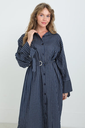 Kadın Kuşaklı Çizgili Tunik Gömlek-10701TUN