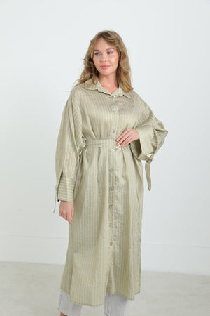 Kadın Kuşaklı Çizgili Tunik Gömlek-10701TUN