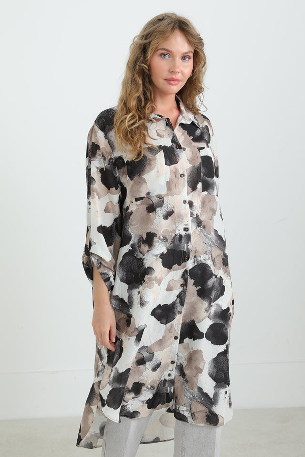 Kadın Desenli Oversize Gömlek -10702TUN - BLACK