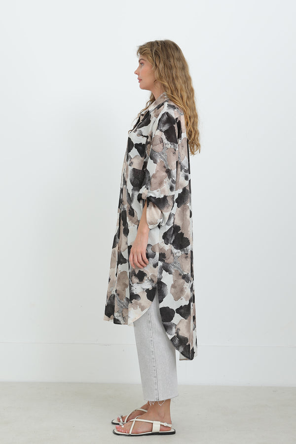 Kadın Desenli Oversize Gömlek -10702TUN