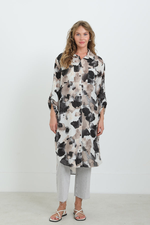 Kadın Desenli Oversize Gömlek -10702TUN