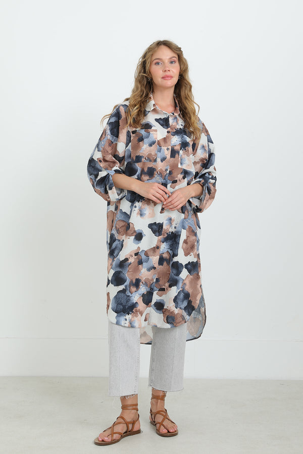 Kadın Desenli Oversize Gömlek -10702TUN - NAVY