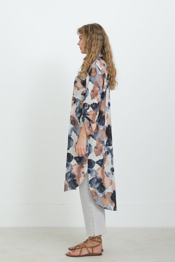 Kadın Desenli Oversize Gömlek -10702TUN