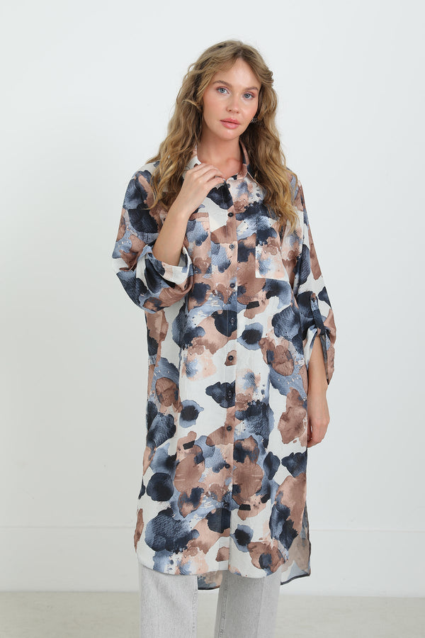 Kadın Desenli Oversize Gömlek -10702TUN