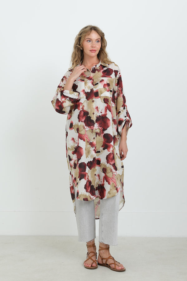 Kadın Desenli Oversize Gömlek -10702TUN