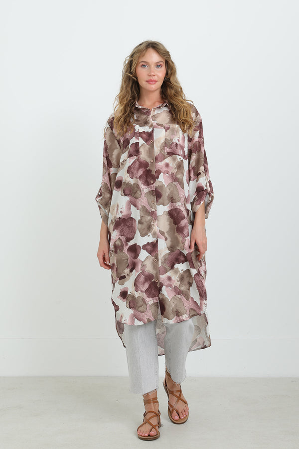 Kadın Desenli Oversize Gömlek -10702TUN - ROSE