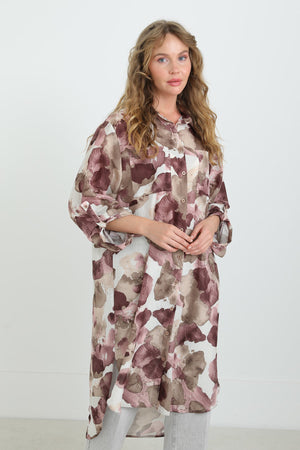 Kadın Desenli Oversize Gömlek -10702TUN