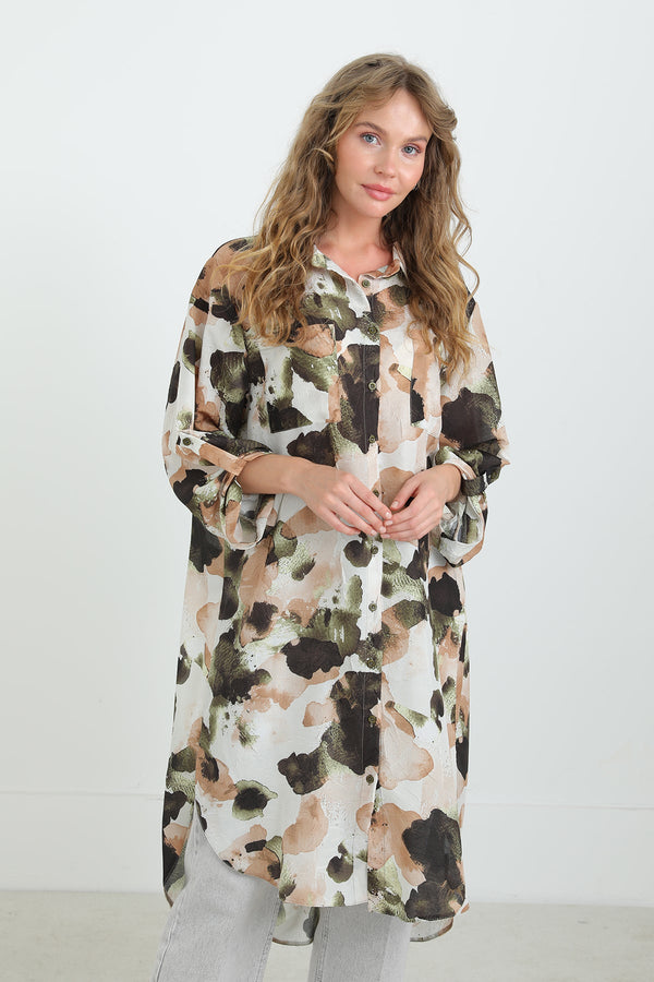 Kadın Desenli Oversize Gömlek -10702TUN - KHAKI
