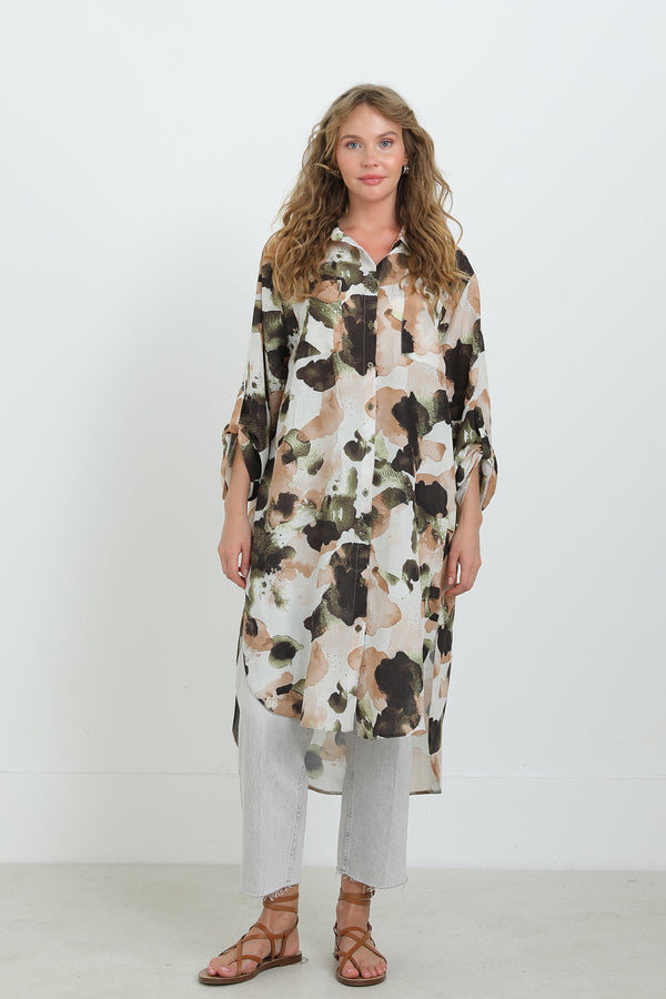 Kadın Desenli Oversize Gömlek -10702TUN