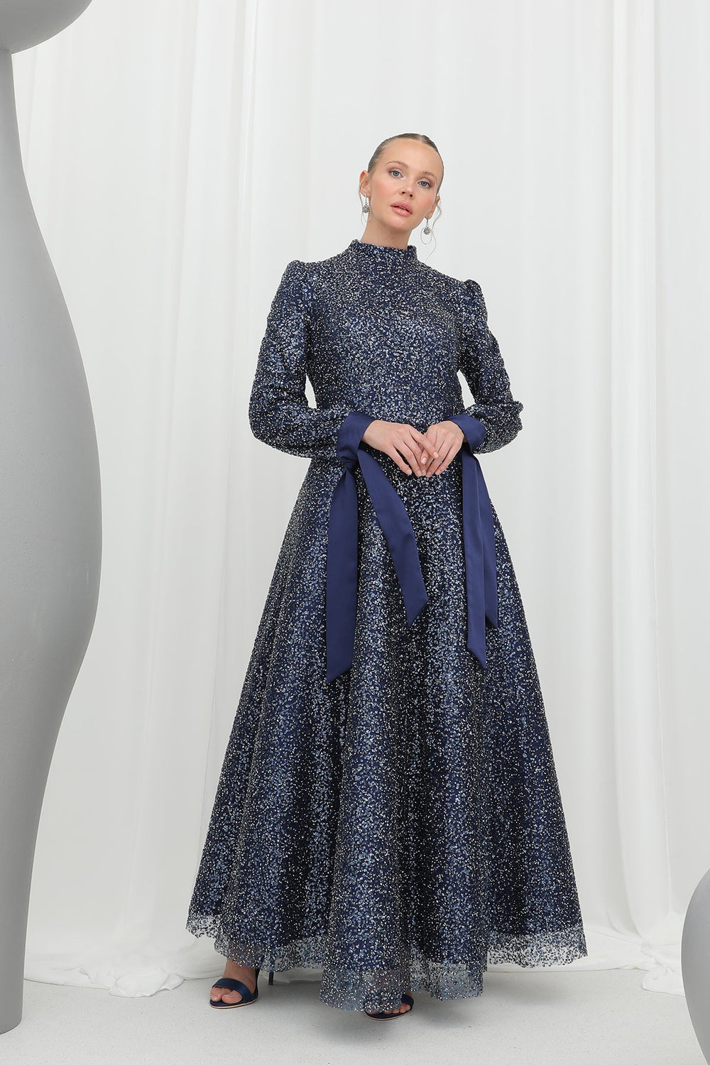 Kadın Parlak Dokulu Uzun Abiye -12576ELB - NAVY