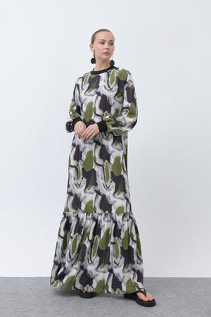 Kadın Yakası Ribanalı Desenli Elbise - 12606ELB - KHAKI