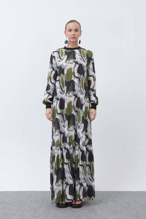 Kadın Yakası Ribanalı Desenli Elbise - 12606ELB