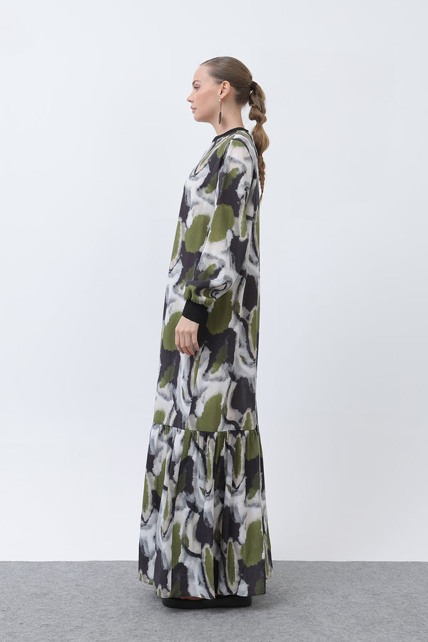 Kadın Yakası Ribanalı Desenli Elbise - 12606ELB