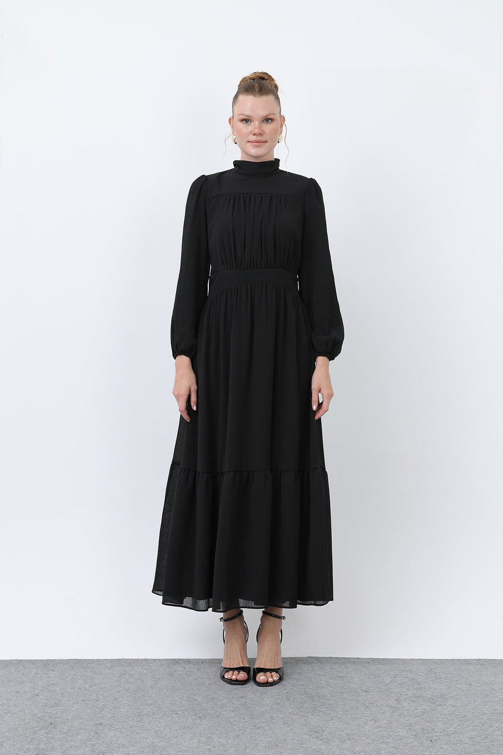 Kadın Drape Detaylı Yüksek Yaka Elbise - 12613ELB - BLACK