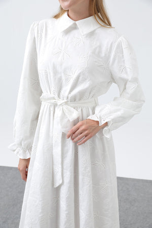 Kadın Beli Kuşaklı Pamuklu Gömlek Elbise - 12626ELB