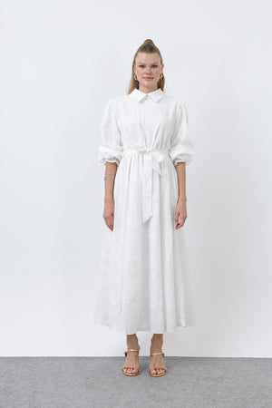 Kadın Beli Kuşaklı Pamuklu Gömlek Elbise - 12626ELB