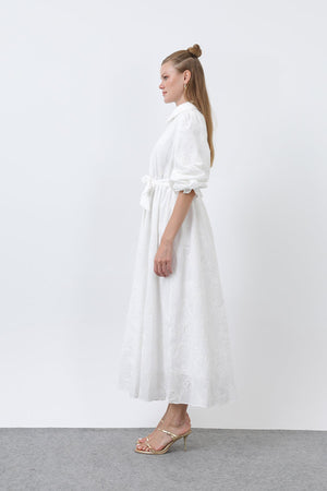 Kadın Beli Kuşaklı Pamuklu Gömlek Elbise - 12626ELB