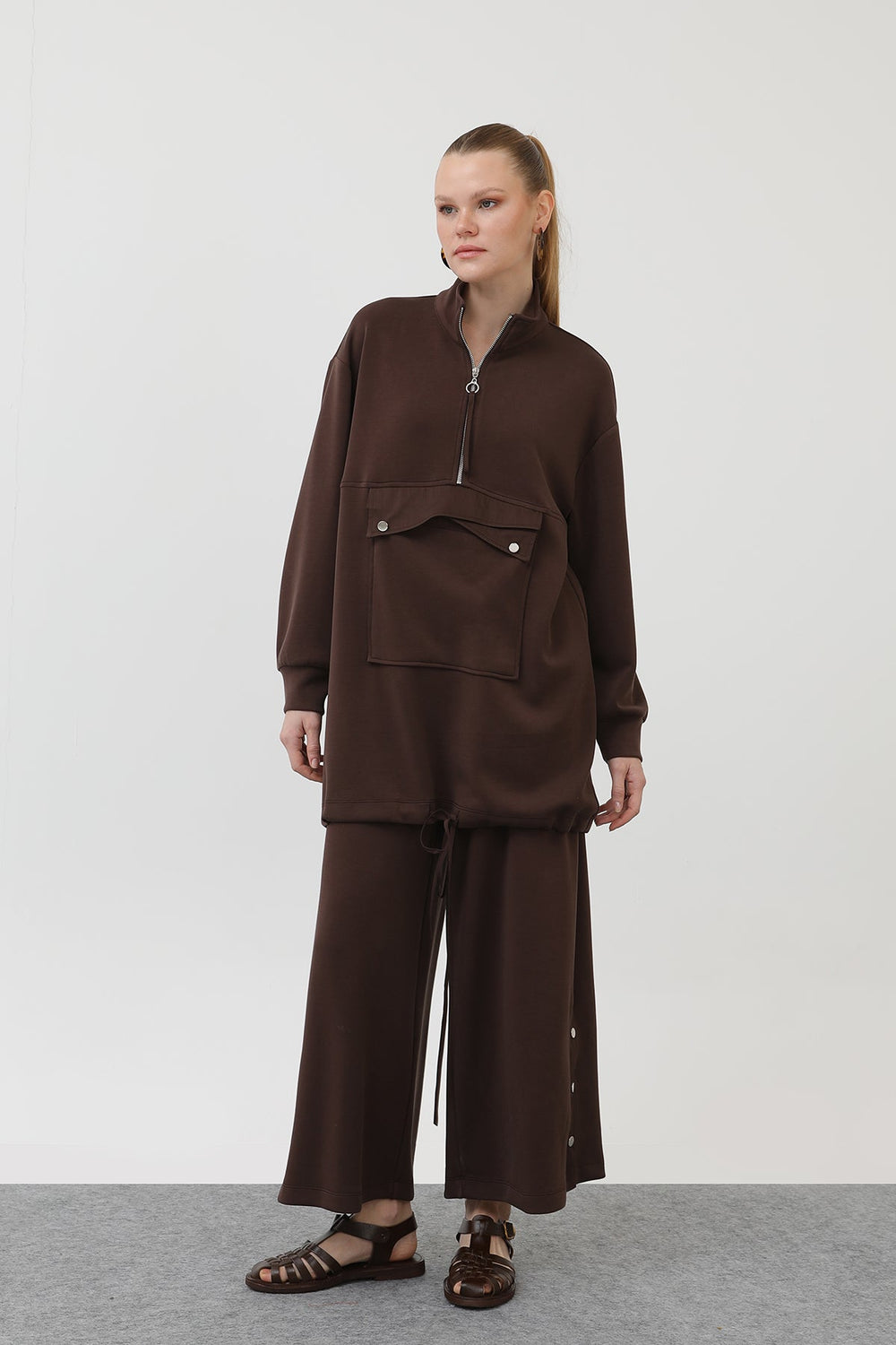 Kadın Cep Detaylı Fermuarlı Takım - 14299TKS - BROWN