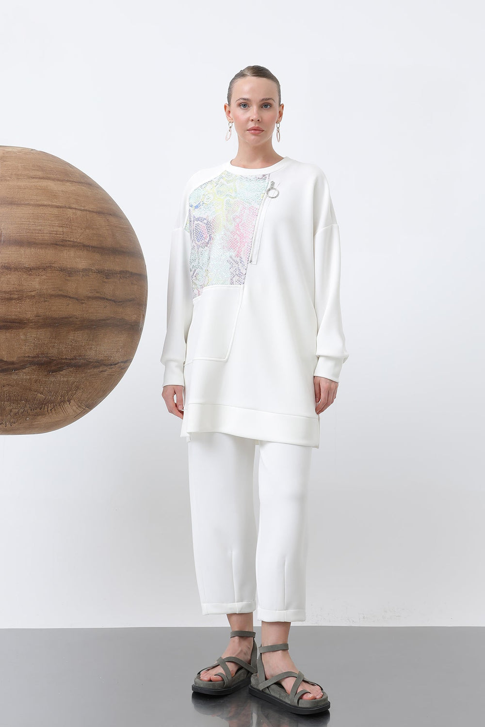 Kadın Önü Jakarlı Fermuar Detaylı Pantolonlu Takım - 14312TKS - ECRU-BLUE