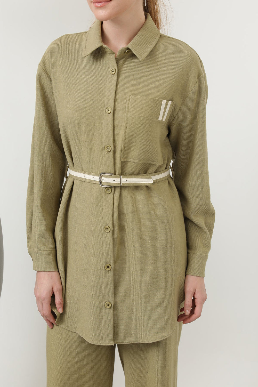 Kadın Beli Büzgülü Ve Cep Detaylı Gömlek Ve Pantolonlu Takım - 14313TKS - LIGHT KHAKI