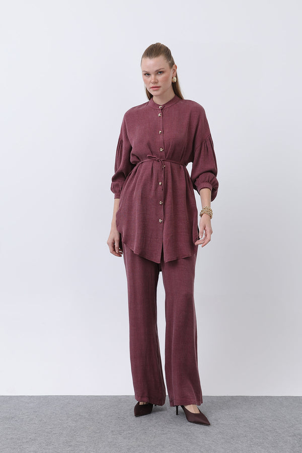 Kadın Düğme Detaylı Hakim Yaka Tunik Takım - 14329TKS - BURGUNDY