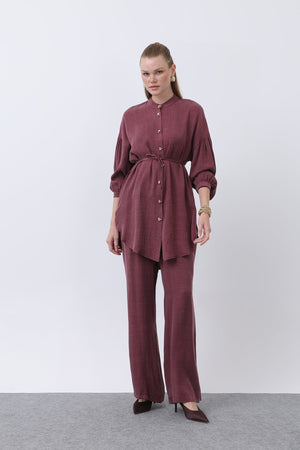 Kadın Düğme Detaylı Hakim Yaka Tunik Takım - 14329TKS - BURGUNDY