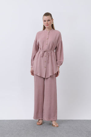 Kadın Düğme Detaylı Hakim Yaka Tunik Takım - 14329TKS - ROSE