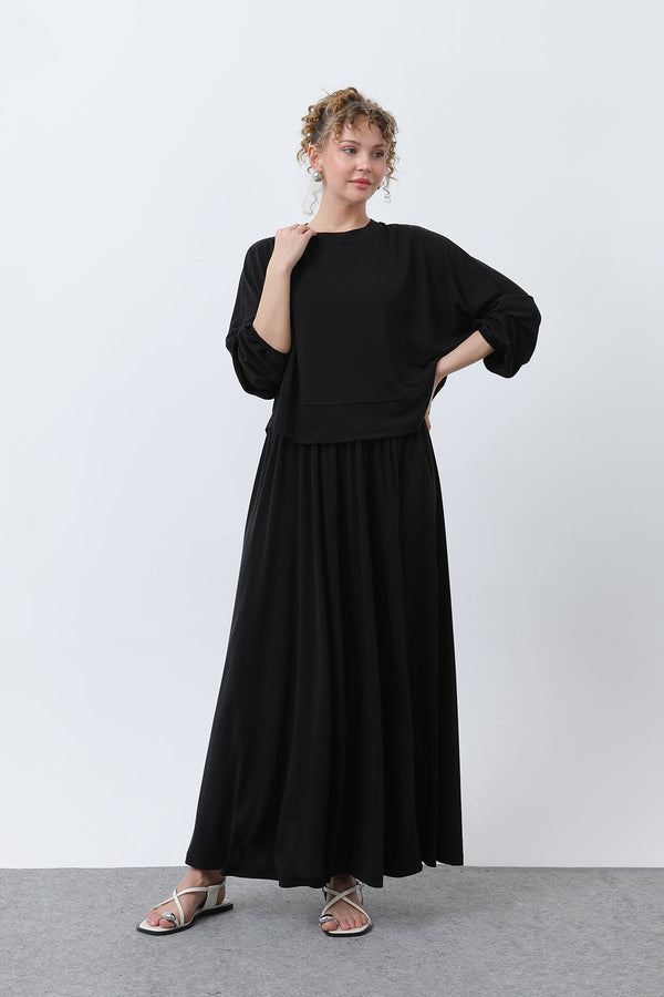 Kadın Önü Dikiş Detaylı Etekli Takım - 14343TKS - BLACK