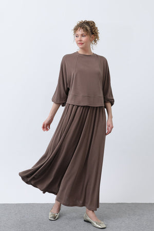 Kadın Önü Dikiş Detaylı Etekli Takım - 14343TKS - BROWN