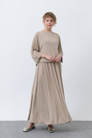 Kadın Önü Dikiş Detaylı Etekli Takım - 14343TKS - BEIGE