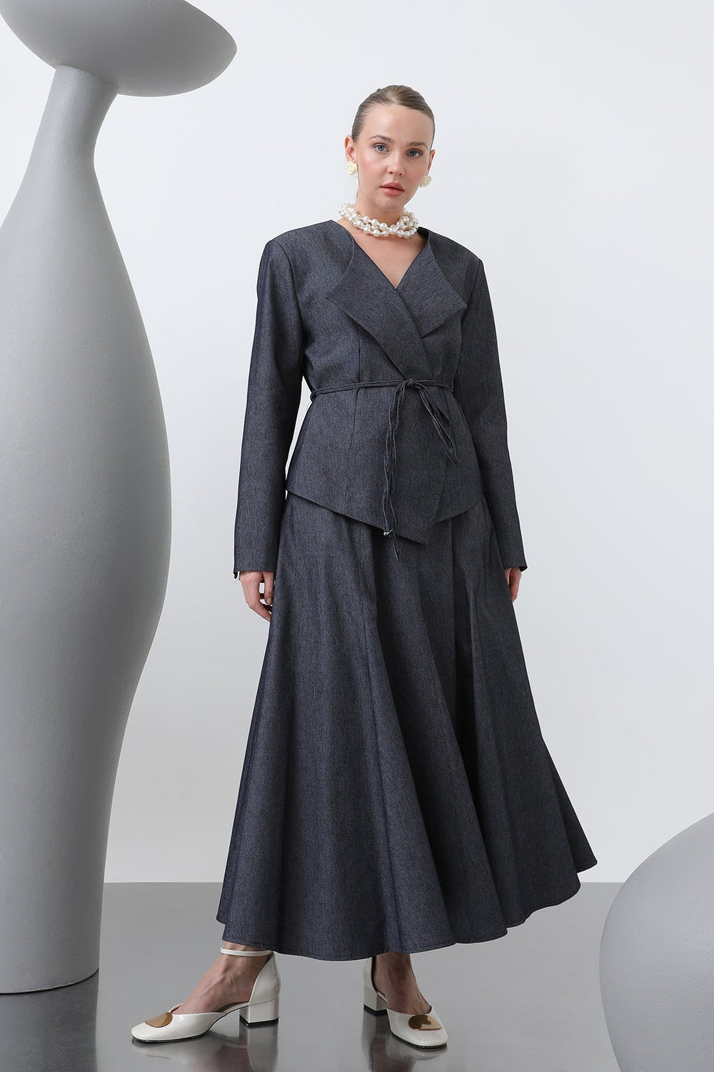 Kadın Omuzu Vaktalı Kuşak Detaylı Etekli Takım - 14376TKS - NAVY