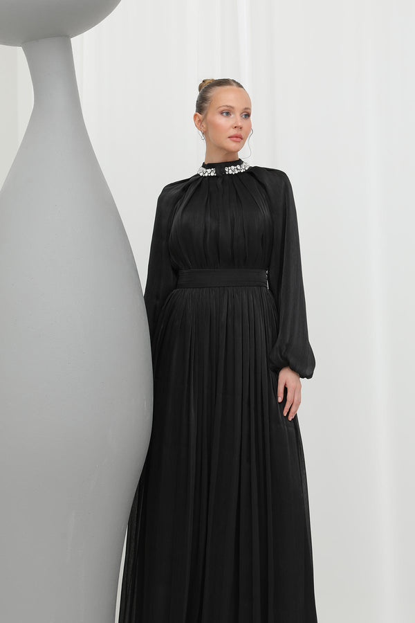 Kadın  Taş Detaylı Şifon Abiye Elbise -17001ELB - BLACK