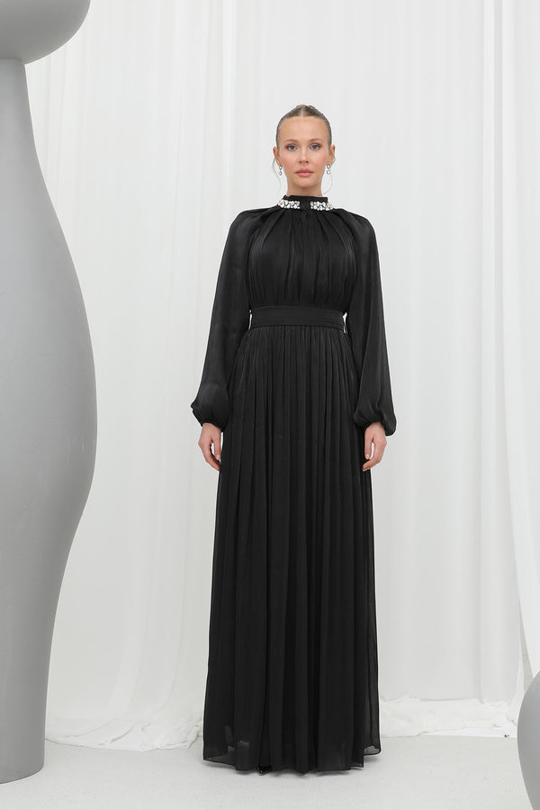 Kadın  Taş Detaylı Şifon Abiye Elbise -17001ELB