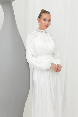 Kadın  Taş Detaylı Şifon Abiye Elbise -17001ELB - ECRU