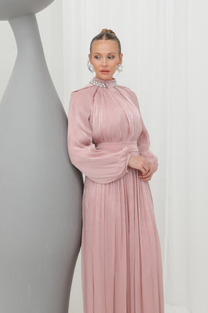 Kadın  Taş Detaylı Şifon Abiye Elbise -17001ELB - POWDER