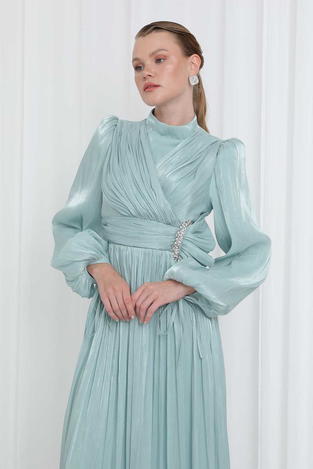 Kadın Piliseli Uzun Kollu Abiye Elbise
 -17002ELB - MINT