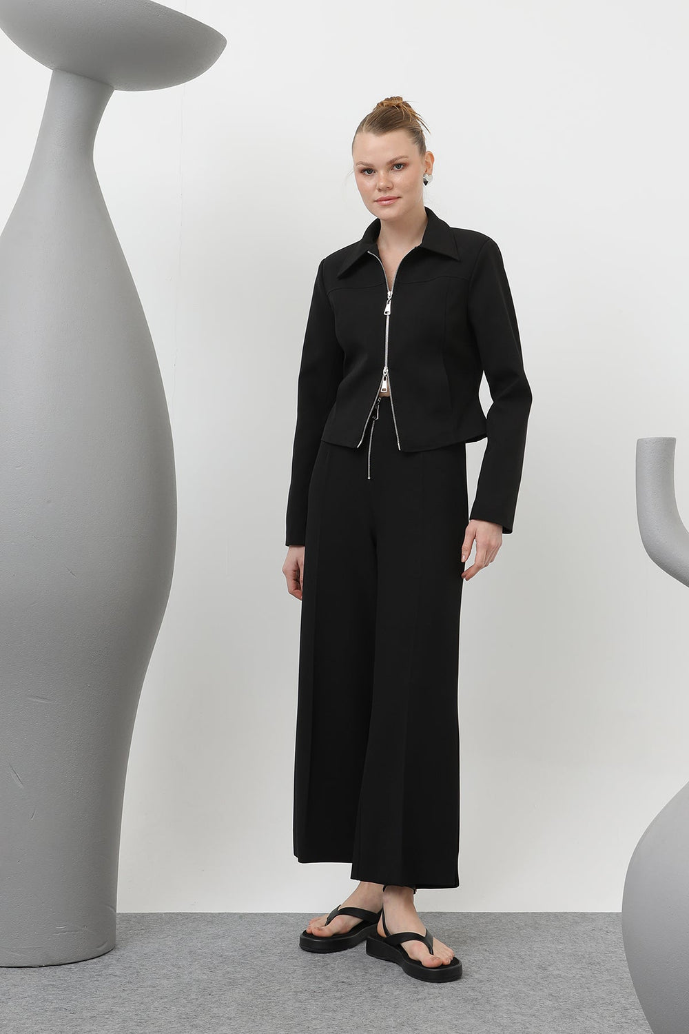 Kadın Fermuar Detaylı Pensli Pantolon- 18228PNT - BLACK