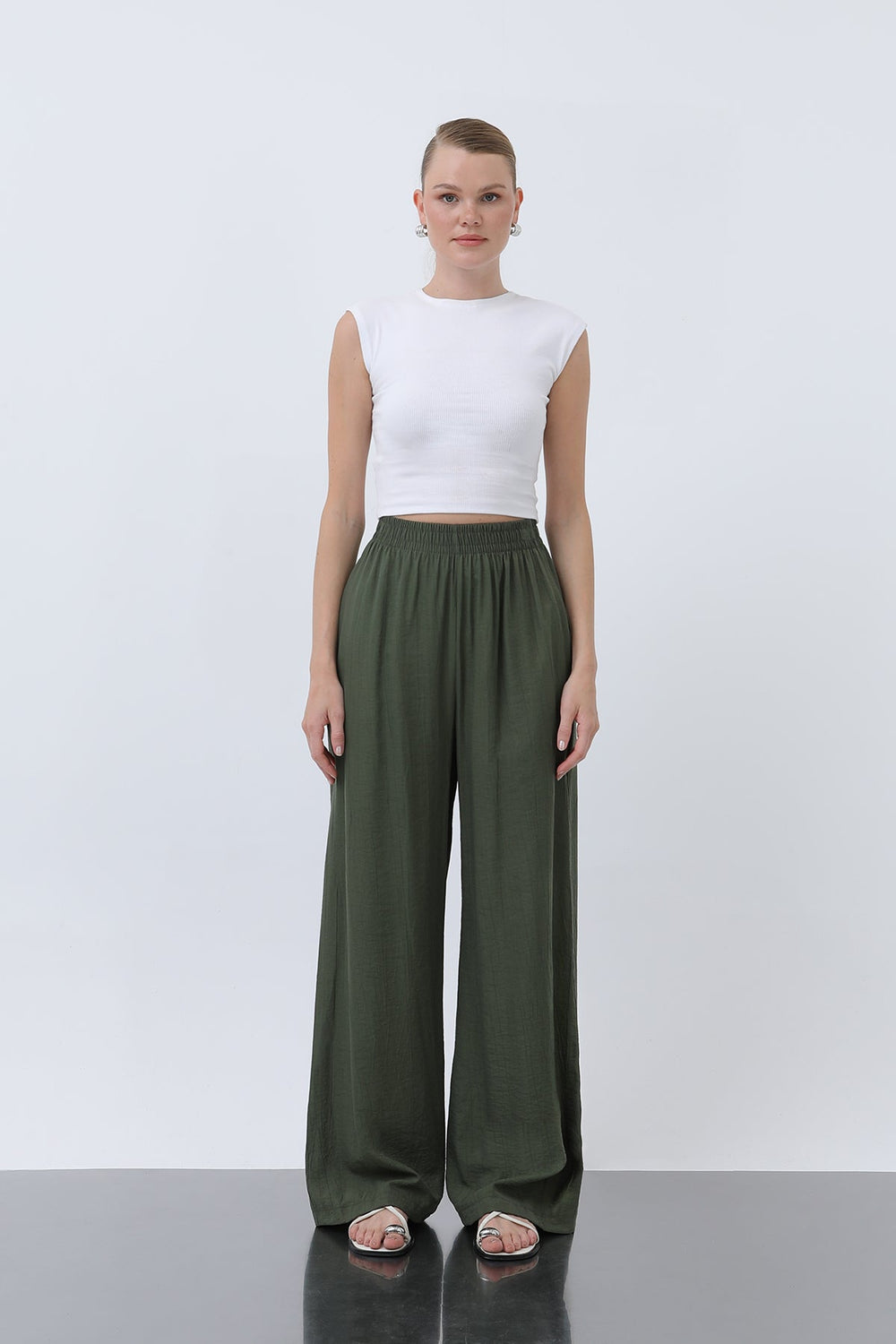 Kadın Beli Lastikli Bol Pantolon - 18239PNT - KHAKI