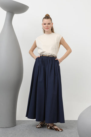 Kadın Kemerli Uzun Etek - 20611ETK - NAVY