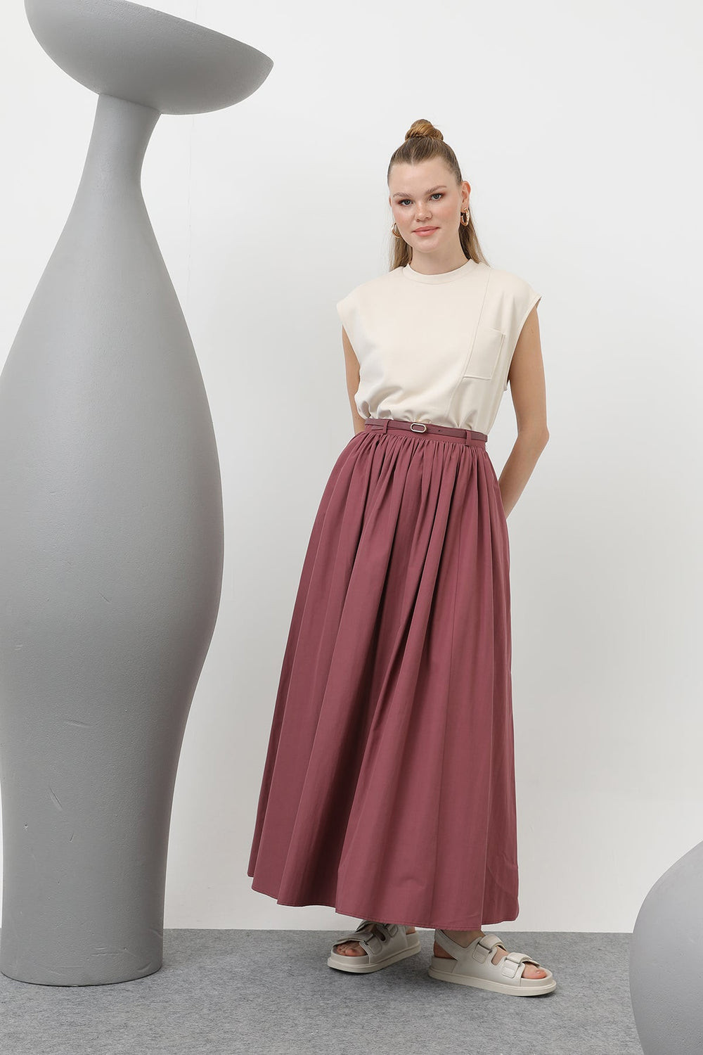 Kadın Kemerli Uzun Etek - 20611ETK - ROSE