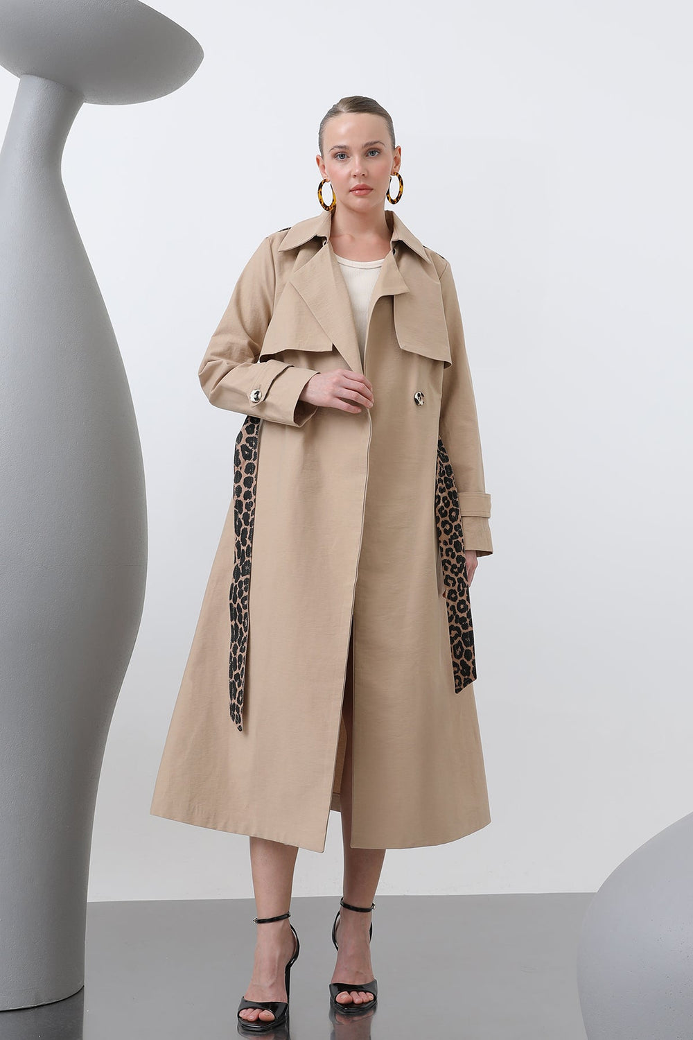 Kadın Leopar Garnili Trench - 32113TRC - CAMEL