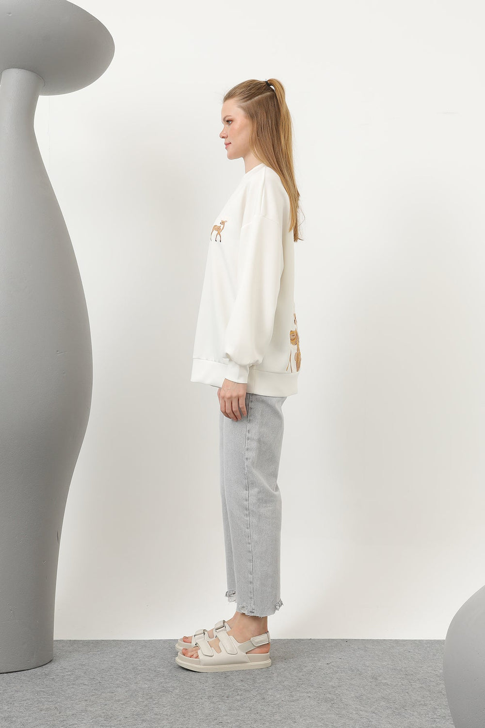 Kadın Arkası Geyikli Sweat - 32118SWT - ECRU