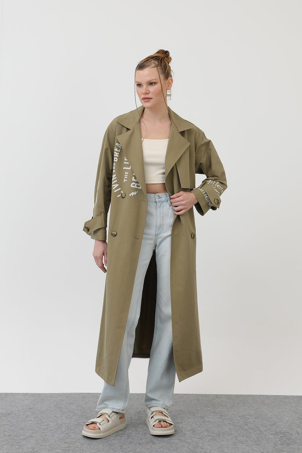 Kadın Baskılı Trench - 32139TRC - KHAKI