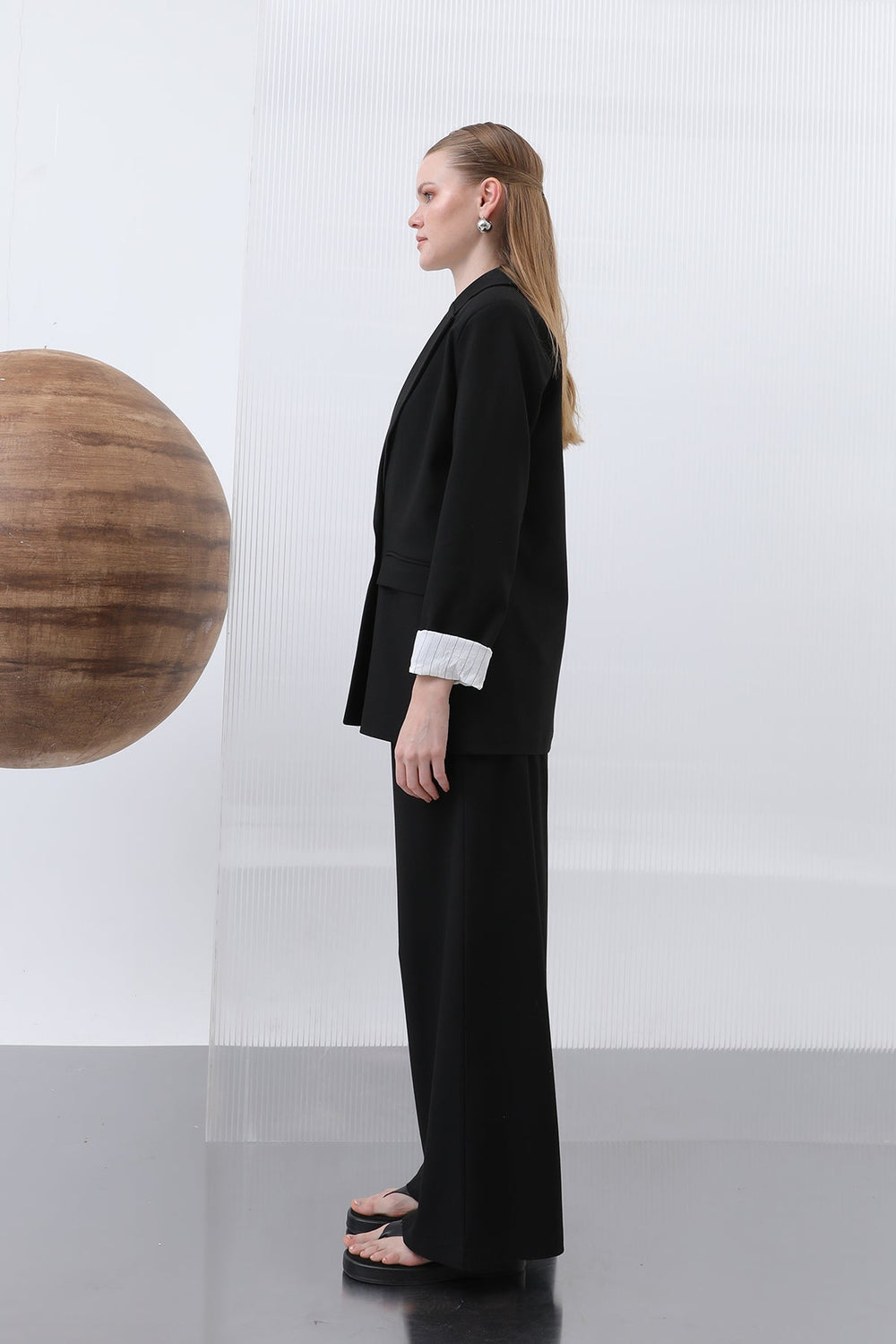 Kadın Cepli Çizgi Garnili Blazer Ceket - 32190CKT - BLACK-ECRU