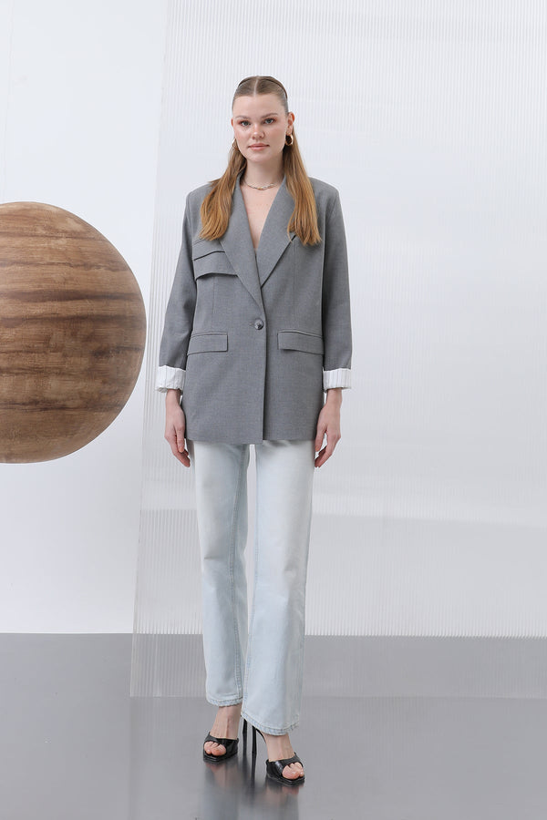 Kadın Cepli Çizgi Garnili Blazer Ceket - 32190CKT