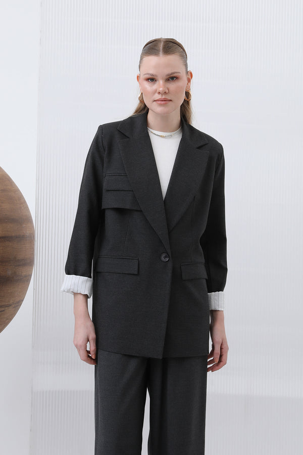 Kadın Cepli Çizgi Garnili Blazer Ceket - 32190CKT