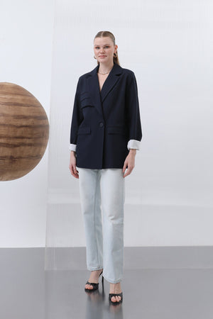 Kadın Cepli Çizgi Garnili Blazer Ceket - 32190CKT - NAVY-ECRU