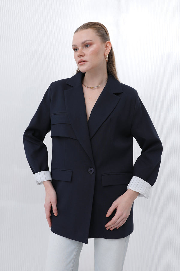 Kadın Cepli Çizgi Garnili Blazer Ceket - 32190CKT